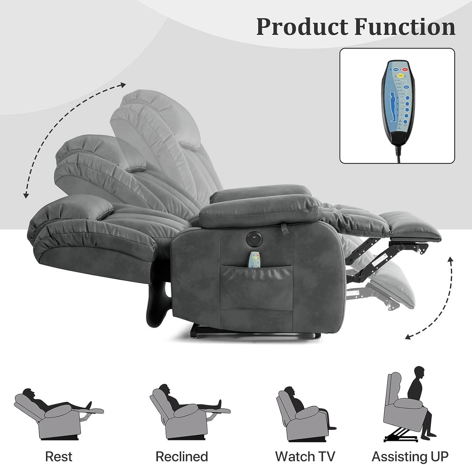 Dual Motor Large Power Lift Recliner Chair Recliners for Elderly, Infinite Position Recliner Chair with Heat and Massage, Breathable Leather(Gray) - Loft&Timber