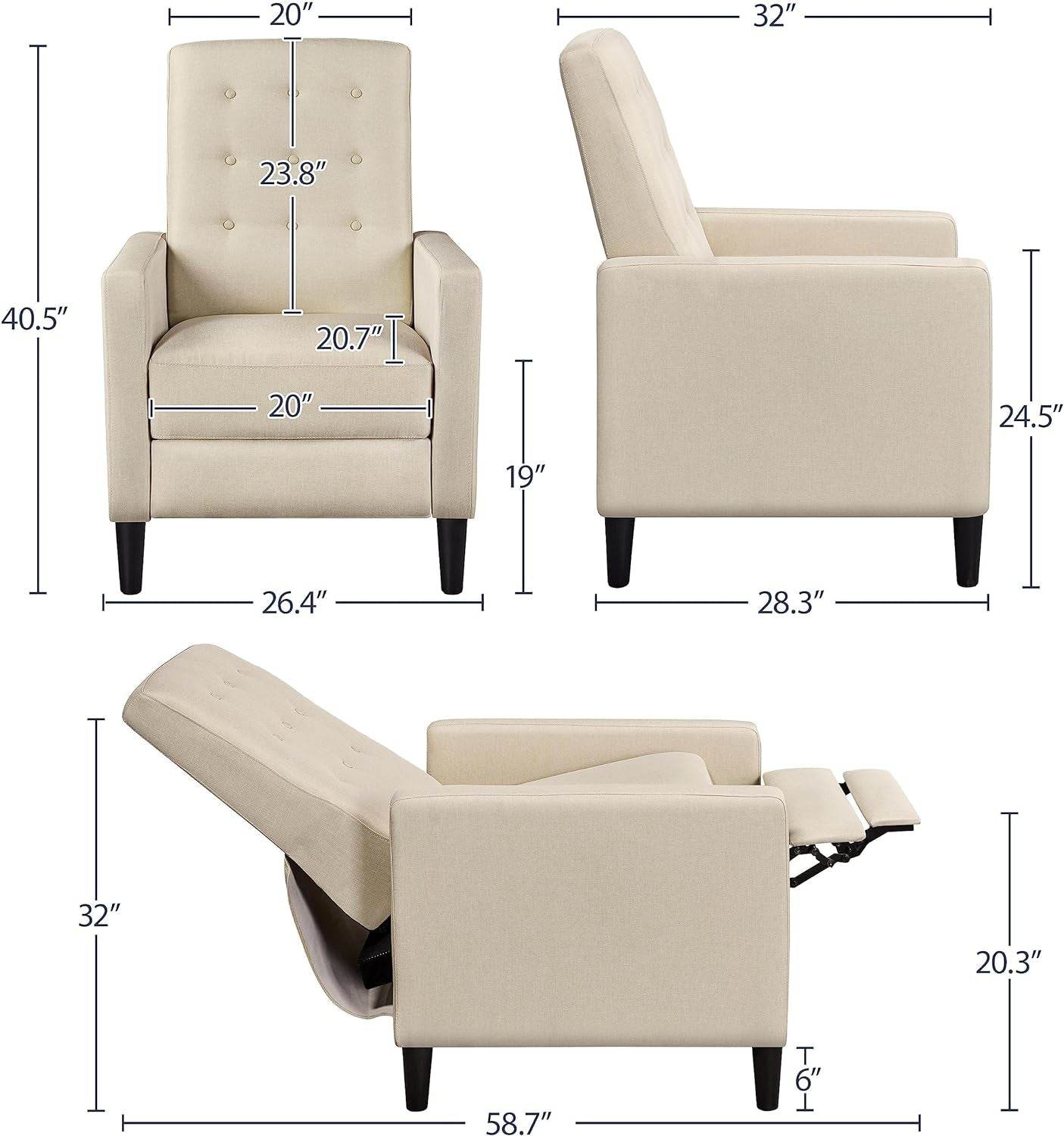 Fabric Recliner Chair Mid-Century Modern Recliner, Beige - Loft&Timber