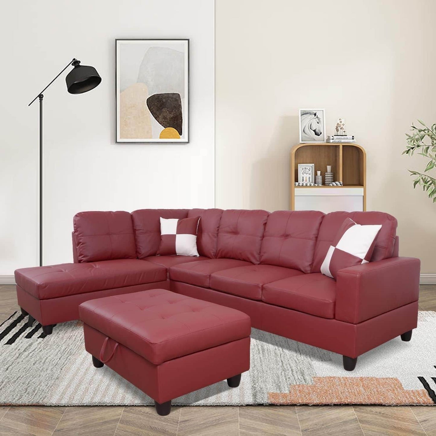 Ponliving Furniture Modern L-Shaped Leather Sectional Sofa Left Hand Facing Red - Loft&Timber