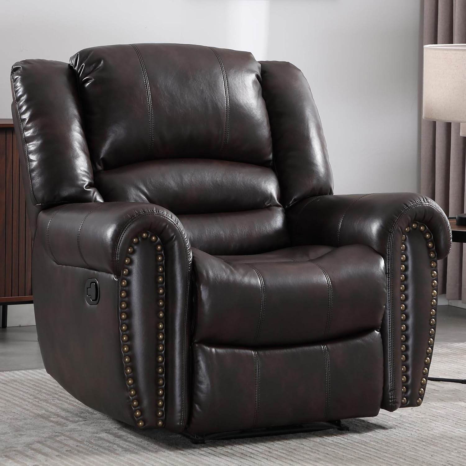 Leather Recliner Chair, Classic and Traditional Manual Recliner Chair with Comfortable Arms and Back Single Sofa for Living Room, Dark Brown - Loft&Timber