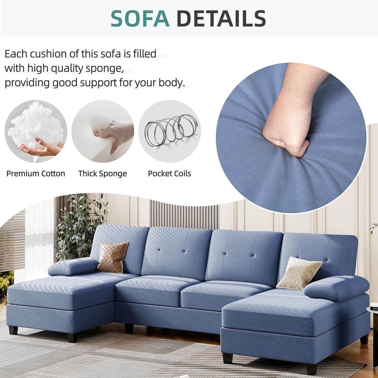 Sectional Sofa Couches for Living Room, U Shaped Sofa Living Room Furniture Sets, 4 Seat U Shaped Sofa Sectional Couch with Chaise, Blue - Loft&Timber
