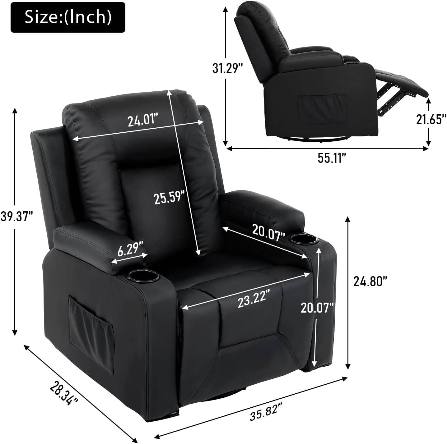 Recline Chair Set (Black,Living Room Set3+2) - Loft&Timber