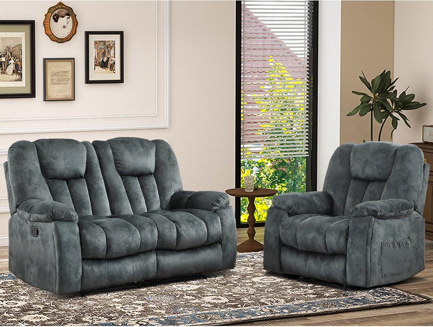 Reclining Living Room Set, Soft Fabric Manual 2 Piece Recliner Sofa Set, Included Recliner Chair with Massage and Heat and Loveseat Daul Recliner, Green Grey(Recliner+Loveseat) - Loft&Timber