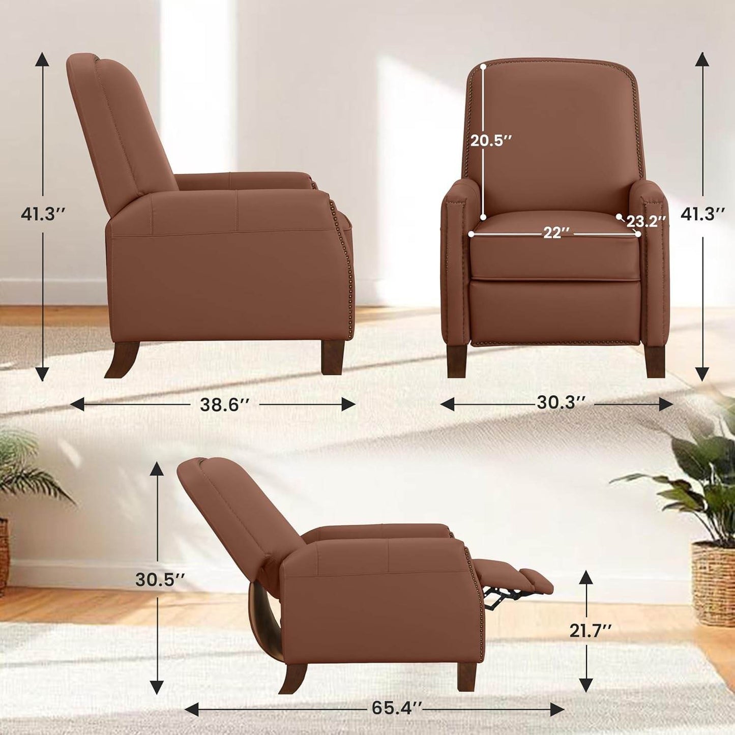 Pushback Chair, Mid-Century Modern Faux Leather Recliner, Brown - Loft&Timber