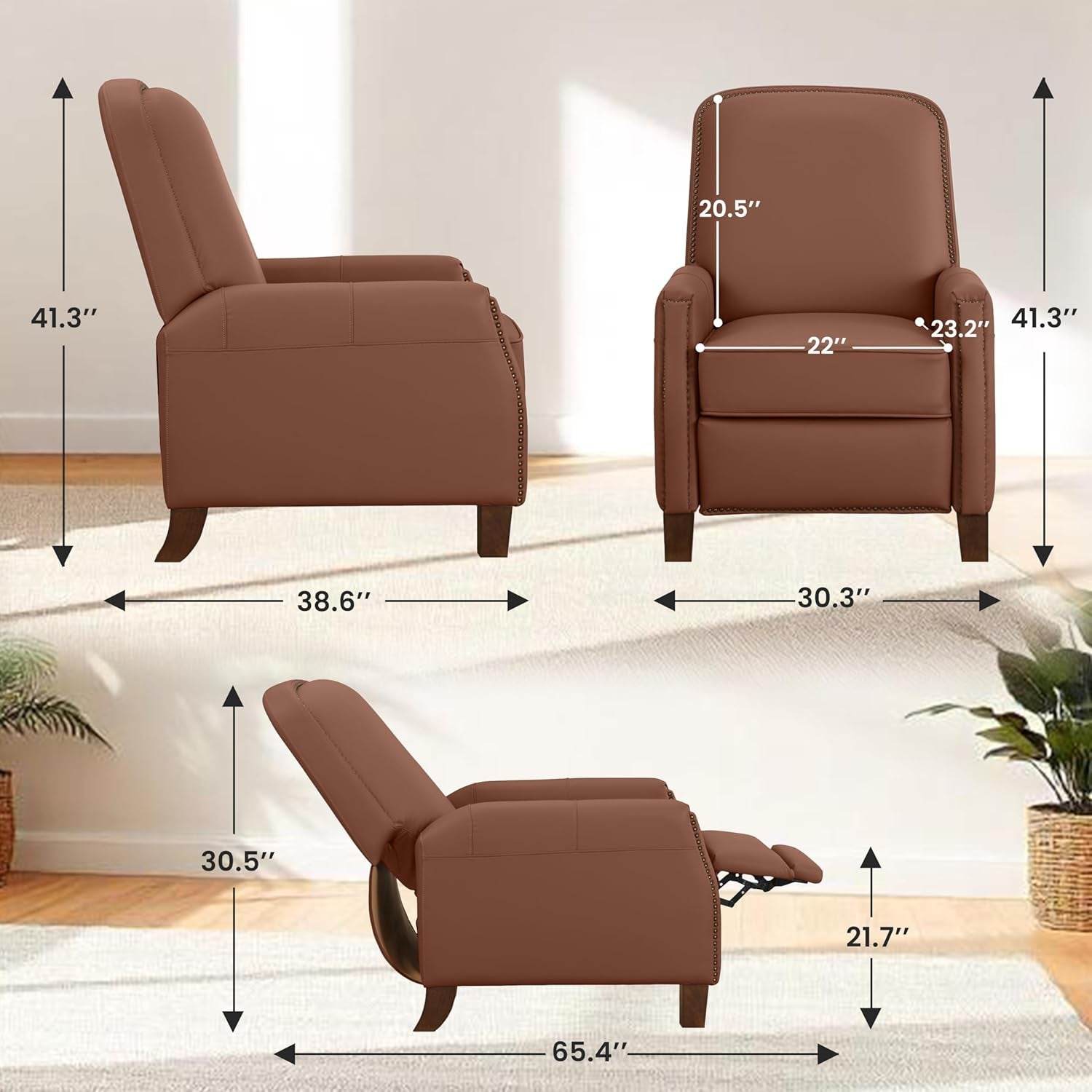 Pushback Chair, Mid-Century Modern Faux Leather Recliner, Brown - Loft&Timber