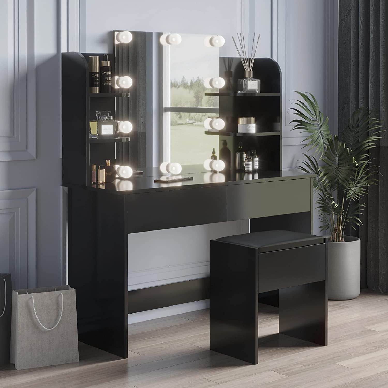 Large Vanity Set with 10 Lights Bulbs, 2 Drawers (Black) - Loft&Timber