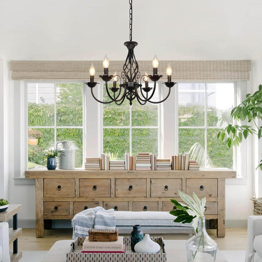 6-Light Farmhouse Candle Chandelier for Living Room, Rustic Industrial Pendant Ceiling Light Fixture, Vintage Hanging Lamp for Bedroom Hallway Kitchen Dining Room Foyer, Matte Black E12 Socket - Loft&Timber