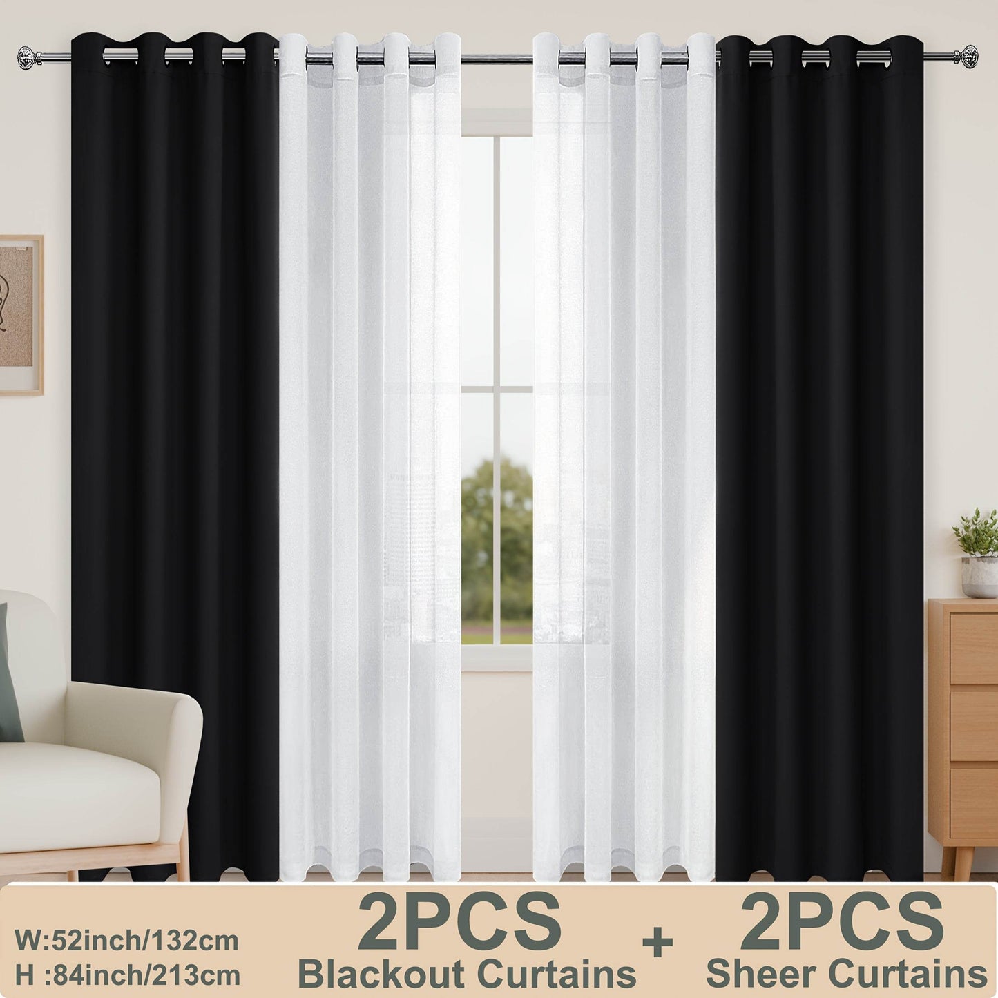 4pcs/SET Curtains - 2pcs Blackout Curtains with Tiebacks And 2pcs Sheer Curtains - Loft&Timber