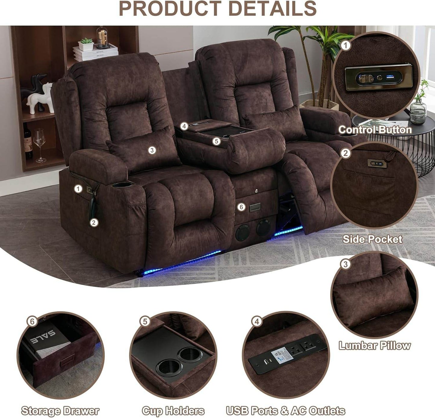 Power Loveseat Recliner Sofa with Massage & Heat (Velvet, Brown) - Loft&Timber