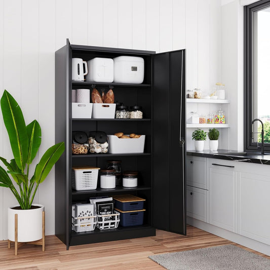 Black Metal Storage Cabinet with Lock & Shelves-0