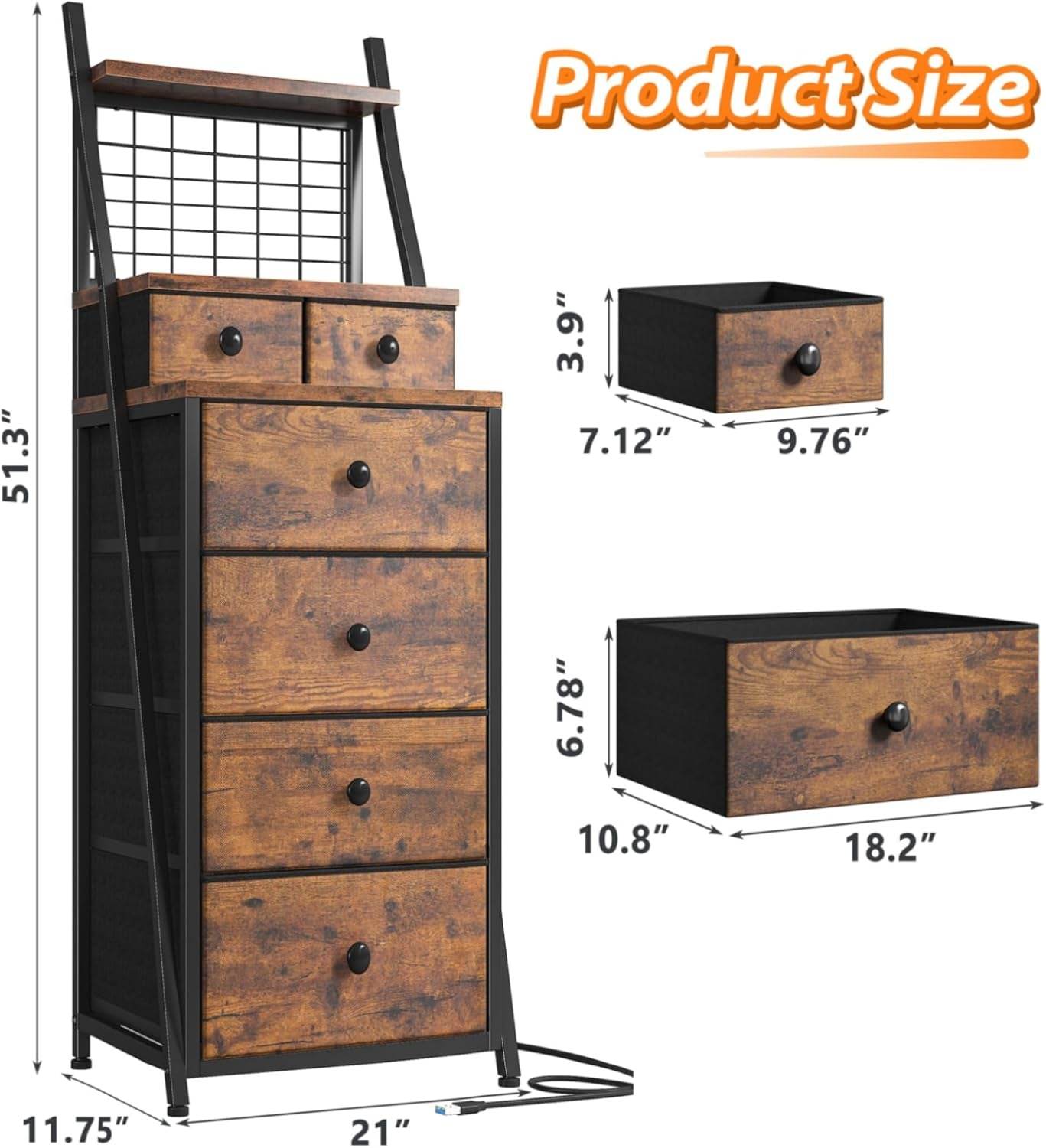 Vertical LED Dresser with 6 Drawer, Brown - Loft&Timber
