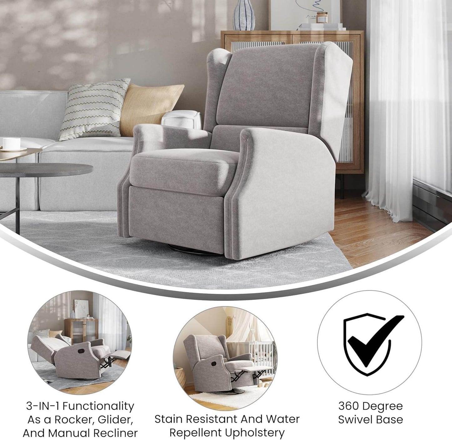 Omma Swivel Glider Rocking Recliner, Manual Wingback Recliner with 360 Degree Swivel, for Living Room, Bedroom, or Nursery, Upholstered, Light Gray - Loft&Timber