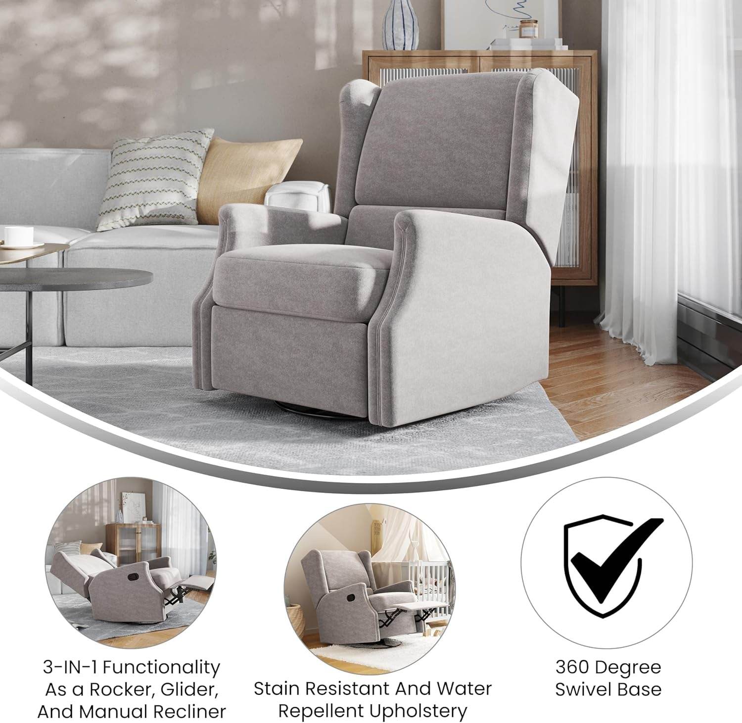 Omma Swivel Glider Rocking Recliner, Manual Wingback Recliner with 360 Degree Swivel, for Living Room, Bedroom, or Nursery, Upholstered, Light Gray - Loft&Timber