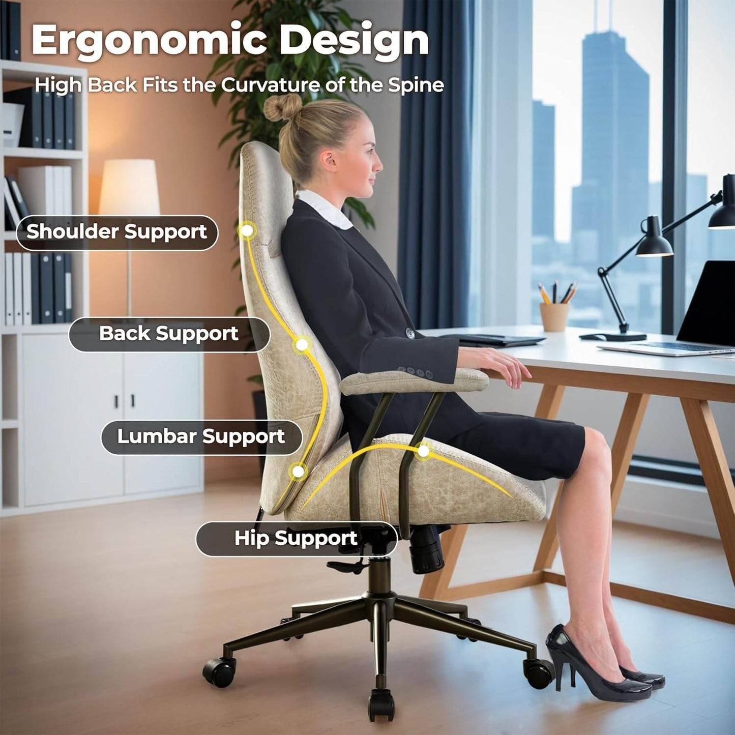 Ergonomic Home Office Chair, Mid-Century Modern Leather Chair with Lumbar Support (Beige, Suede Leather) - Loft&Timber