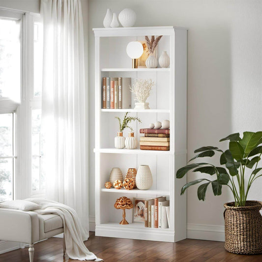 White 5 Tier Tall Bookcase Large Storage - Loft&Timber