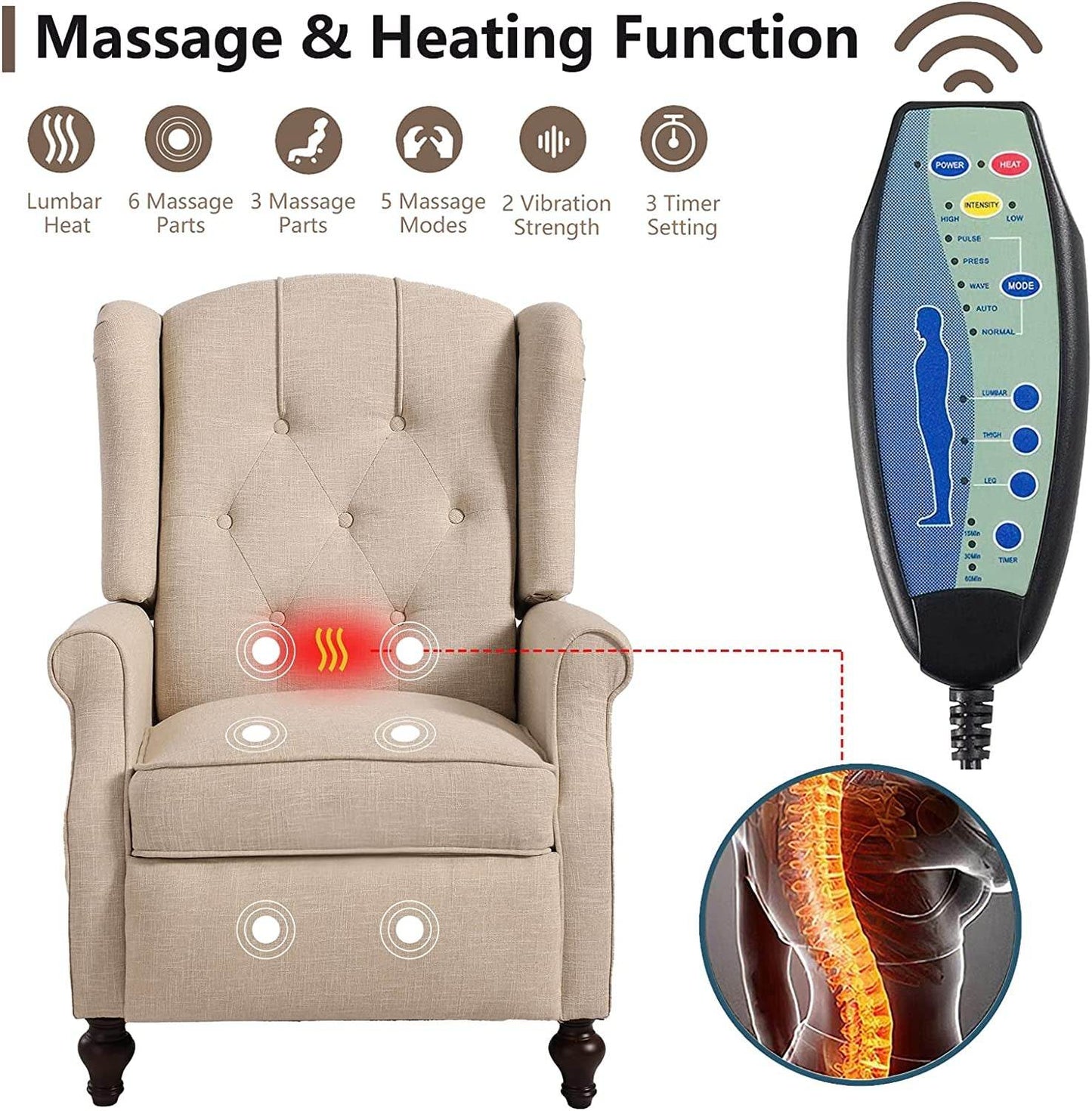 Wingback Recliner Chair with Massage and Heat - Loft&Timber