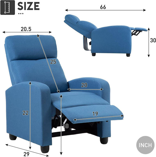 Recliner Chair Single Reclining Sofa with Lumbar Support (Fabric, Blue) - Loft&Timber