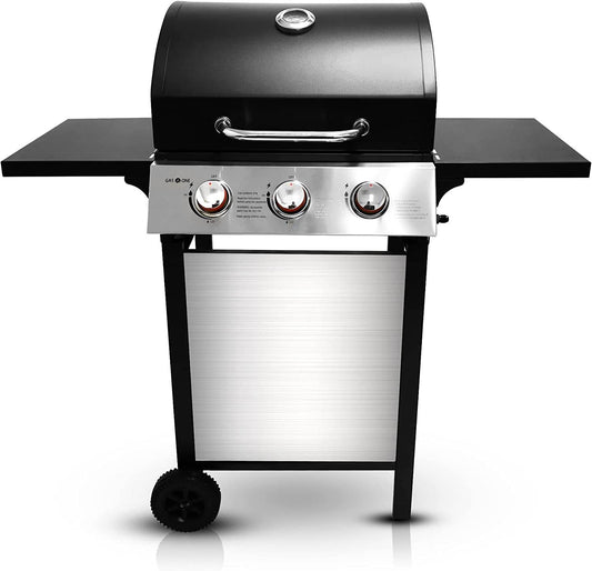 Stainless Gas Grill 3-Burner, Cabinet, Wheels, Outdoor BBQ - Loft&Timber