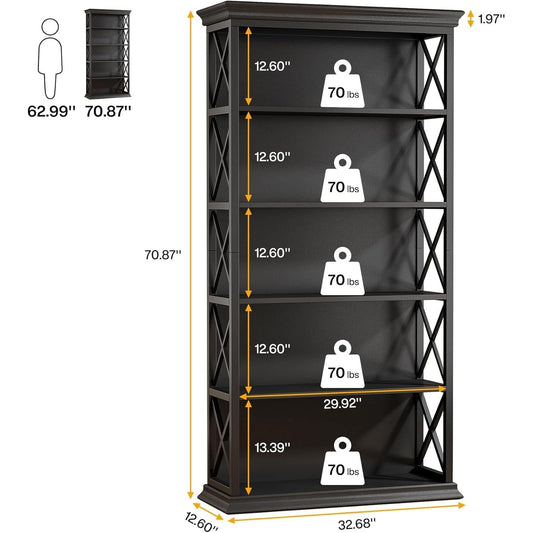 6-Tier Bookcase, 71 Inches Industrial Bookshelves and Bookcases, Floor Standing 5 Shelf Display Storage Shelves Tall Bookcase for Home Office, Living Room, Bed Room, All Black-1