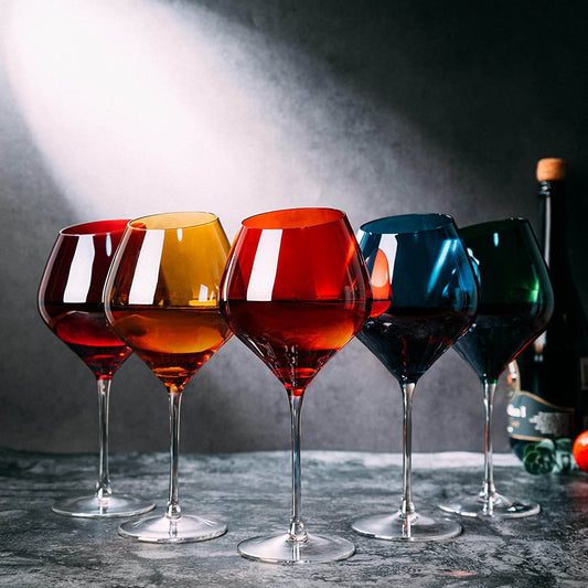 Slanted Rim Colored Wine Glasses by The Wine Savant – Set of 5 Stylish and Slant Rim Wine Glasses for Parties, Multicolor Set for Weddings Anniversary, White or Red Wine, Cabernet Bordeaux 20 oz - Loft&Timber