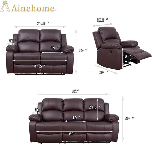 Luxury Recliner Sofa Living Room Set (A-Brown Leather, 3 Piece Set) - Loft&Timber