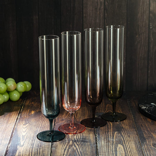 Multicolored Beautiful Champagne Flutes 10" Stemmed - 4 Set- Blue, Green, Brown, Pink - 10.5 OZ Elegant Glass Colored Glasses, Mimosa , Cocktail Bar Glassware Ideal for Home, Weddings - Gift - Loft&Timber
