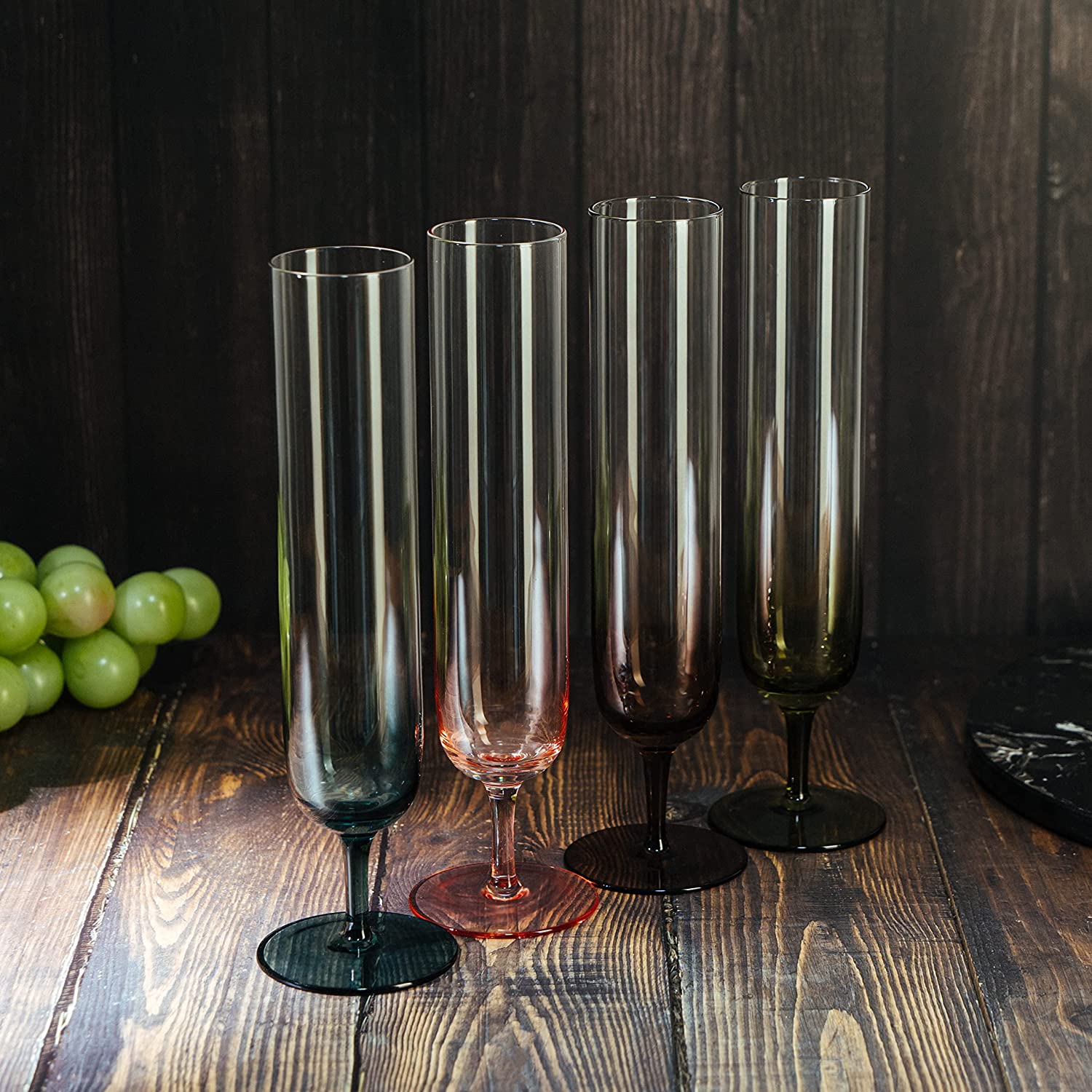 Multicolored Beautiful Champagne Flutes 10" Stemmed - 4 Set- Blue, Green, Brown, Pink - 10.5 OZ Elegant Glass Colored Glasses, Mimosa , Cocktail Bar Glassware Ideal for Home, Weddings - Gift - Loft&Timber