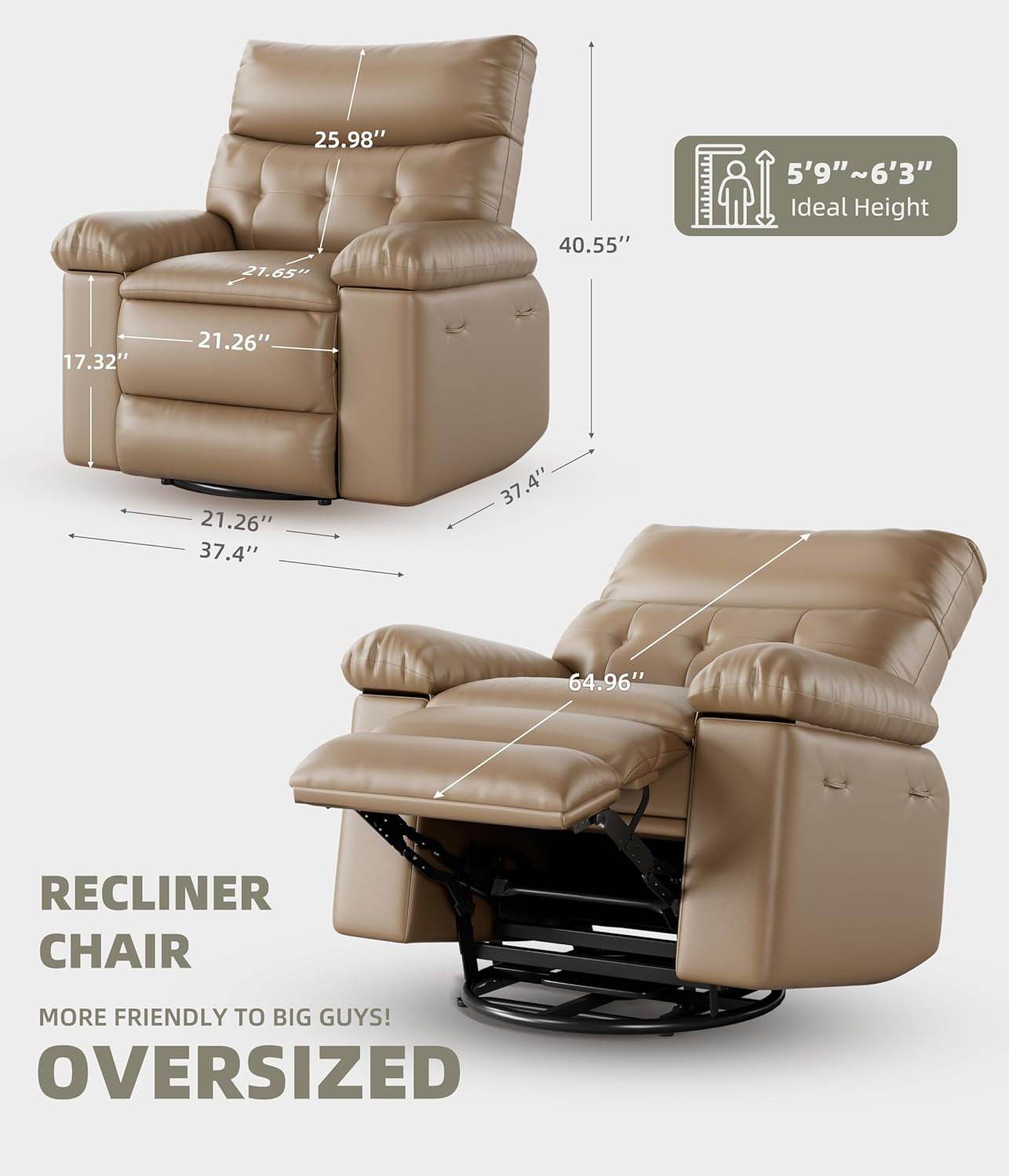 Power Swivel Massage Recliner Heat, Vibration, Faux Leather - Loft&Timber