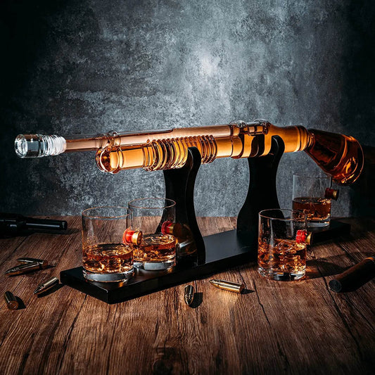 Shotgun Whiskey Decanter Set - Limited Edition - 800 ml & 4 12oz Bullet Glasses - Unique Gift - Drinking Party Accessory, Handmade Gun Liquor Decanter, Tik Tok Gun Decanter Gifts for Dad - Loft&Timber