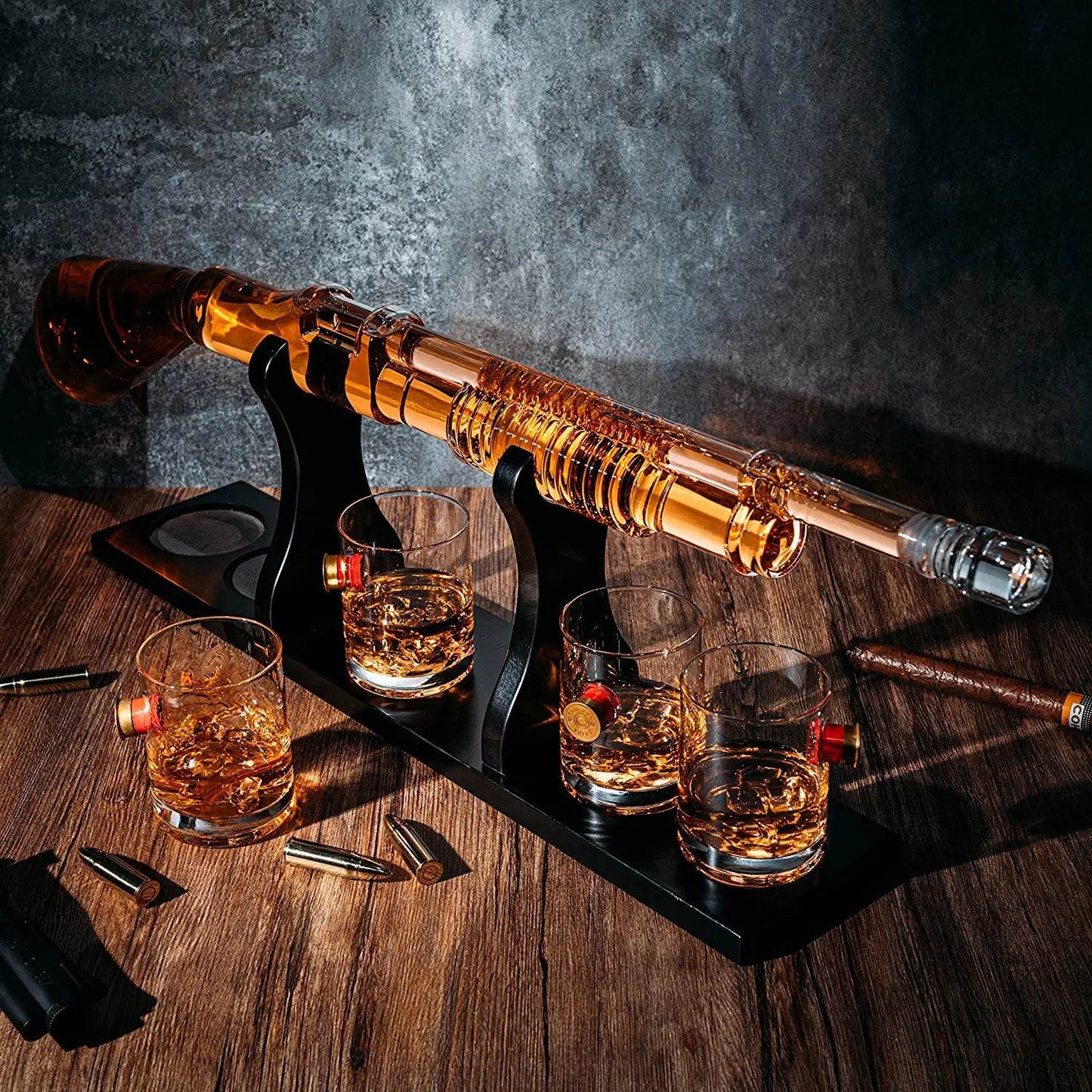 Shotgun Whiskey Decanter Set - Limited Edition - 800 ml & 4 12oz Bullet Glasses - Unique Gift - Drinking Party Accessory, Handmade Gun Liquor Decanter, Tik Tok Gun Decanter Gifts for Dad - Loft&Timber