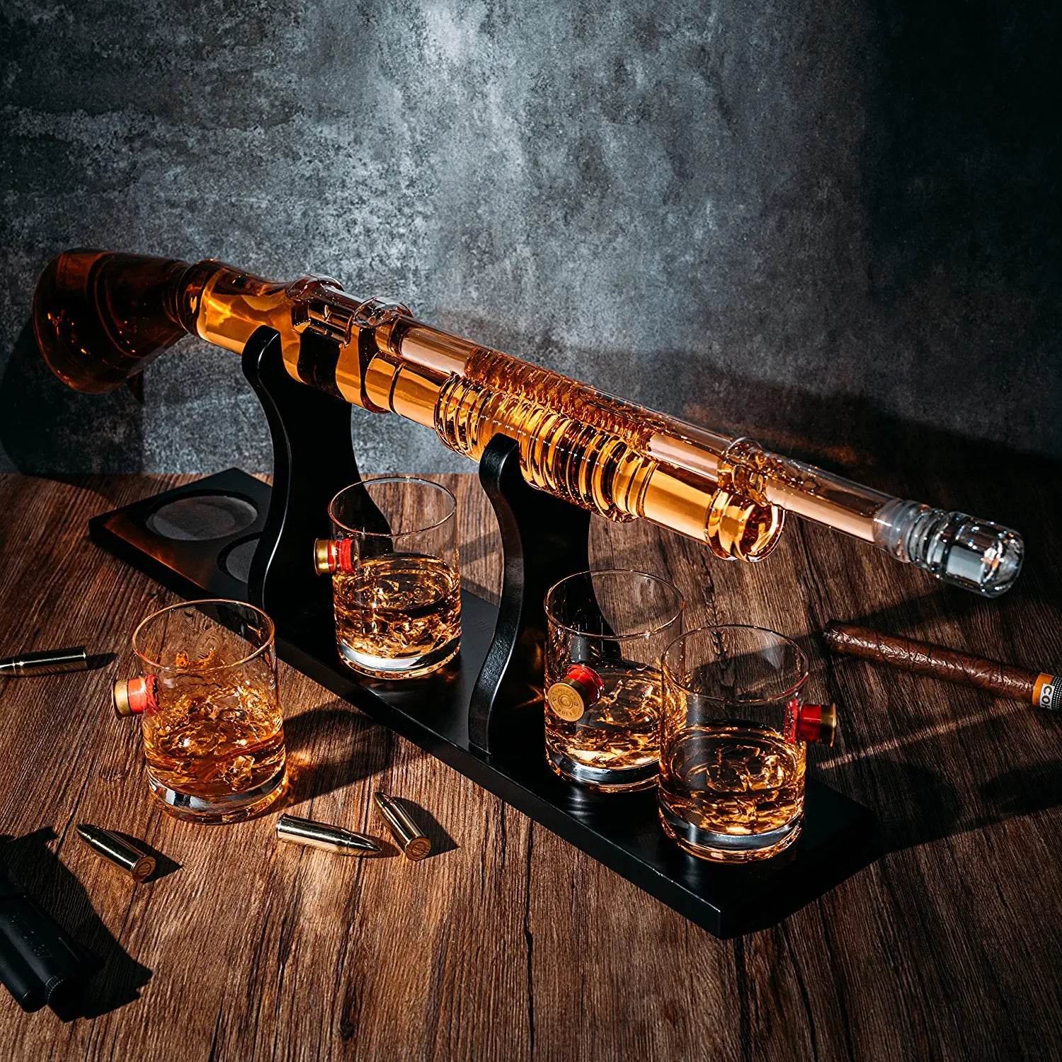 Shotgun Whiskey Decanter Set - Limited Edition - 800 ml & 4 12oz Bullet Glasses - Unique Gift - Drinking Party Accessory, Handmade Gun Liquor Decanter, Tik Tok Gun Decanter Gifts for Dad - Loft&Timber