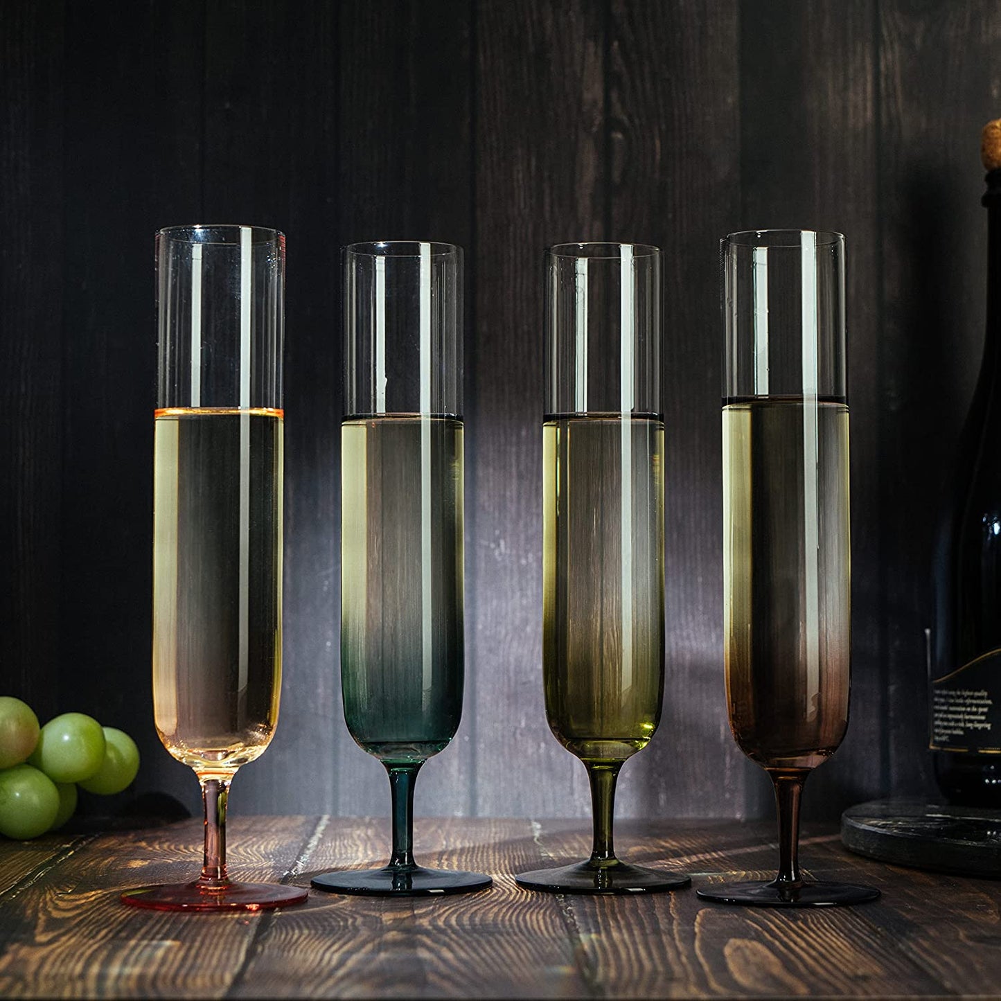 Multicolored Beautiful Champagne Flutes 10" Stemmed - 4 Set- Blue, Green, Brown, Pink - 10.5 OZ Elegant Glass Colored Glasses, Mimosa , Cocktail Bar Glassware Ideal for Home, Weddings - Gift - Loft&Timber