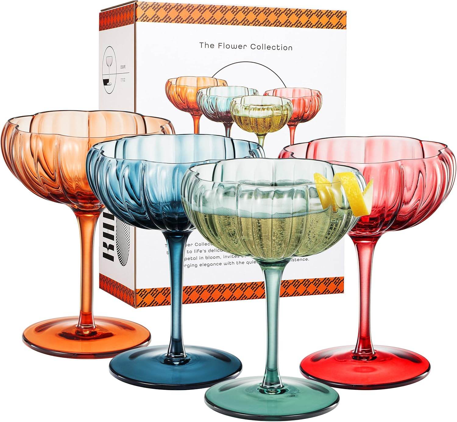 Khen Flower Modern Wavy Glass Coupes Martini, Champagne & Cocktail Coupes - Set of 4-7.7 oz Colorful Cocktail Glasses & Champagne, Prosecco, Mimosa Glassware Copyright Design - Muted Pastel Colors - Loft&Timber