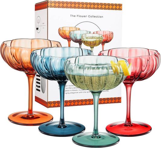 Khen Flower Modern Wavy Glass Coupes Martini, Champagne & Cocktail Coupes - Set of 4-7.7 oz Colorful Cocktail Glasses & Champagne, Prosecco, Mimosa Glassware Copyright Design - Muted Pastel Colors - Loft&Timber