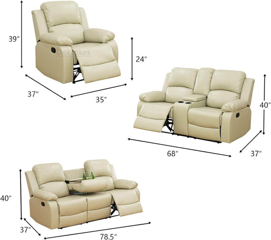 Manual Reclining Sofa Modern Recliner Sofa Couch 3 Seater Leather Reclining Sofa Living Room Furniture Couch with Cup Holders & Flip-Down Table for Home/Office/Rv Car (Beige, 3 Seater Sofa) - Loft&Timber