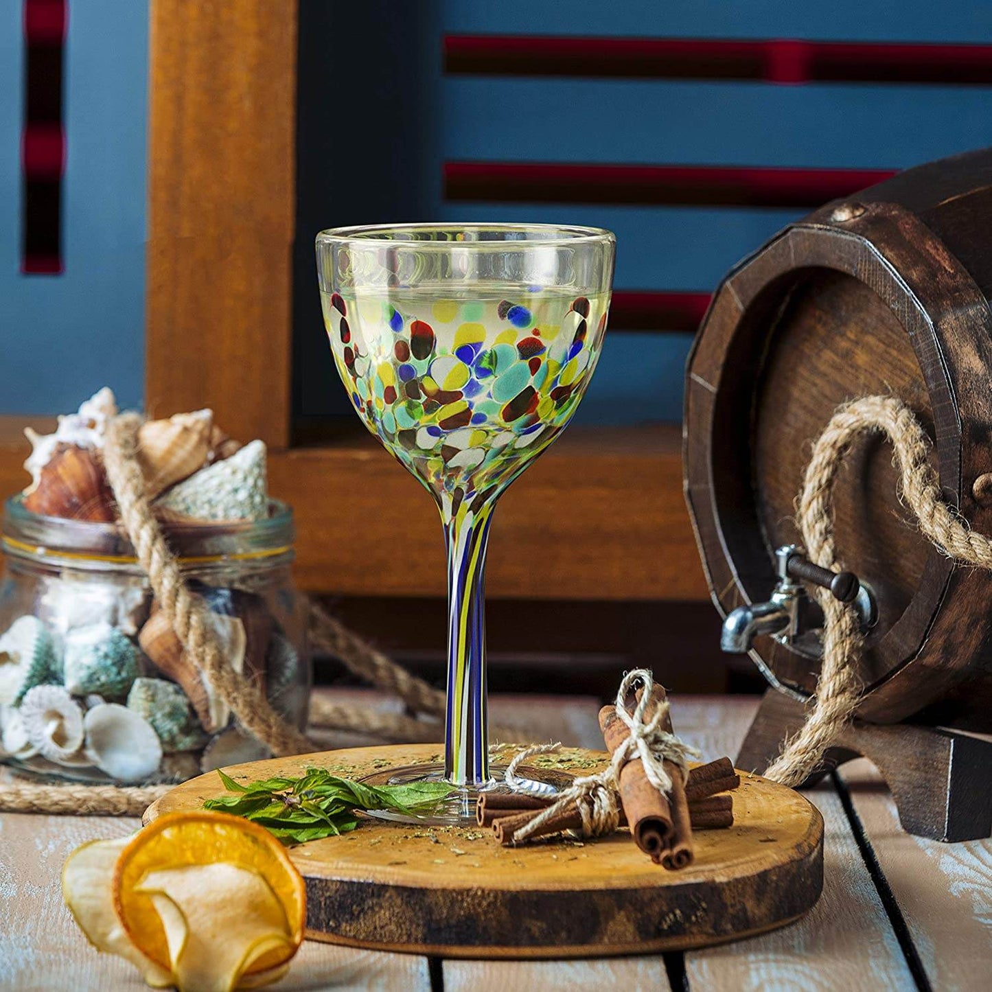 The Wine Savant Recycled Glass Wine Glasses - Mexican Wine Glasses Set of 6, Mexican Luxury Hand Blown Wine and Water Glasses (8 ounces each) Cobalt Cinco De Mayo Glasses - Confetti Wine Glasses - Loft&Timber