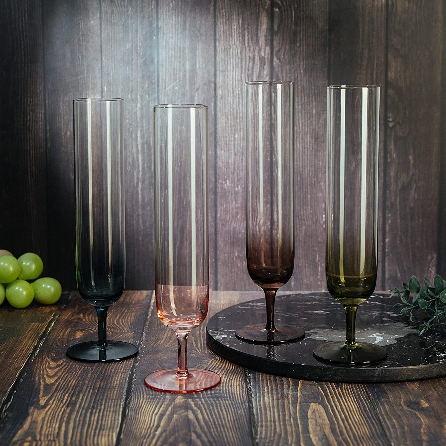 Multicolored Beautiful Champagne Flutes 10" Stemmed - 4 Set- Blue, Green, Brown, Pink - 10.5 OZ Elegant Glass Colored Glasses, Mimosa , Cocktail Bar Glassware Ideal for Home, Weddings - Gift - Loft&Timber
