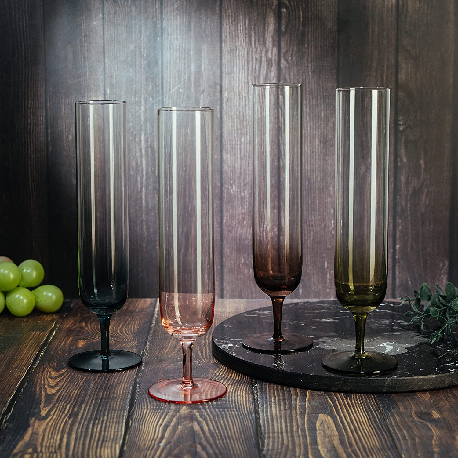Multicolored Beautiful Champagne Flutes 10" Stemmed - 4 Set- Blue, Green, Brown, Pink - 10.5 OZ Elegant Glass Colored Glasses, Mimosa , Cocktail Bar Glassware Ideal for Home, Weddings - Gift - Loft&Timber