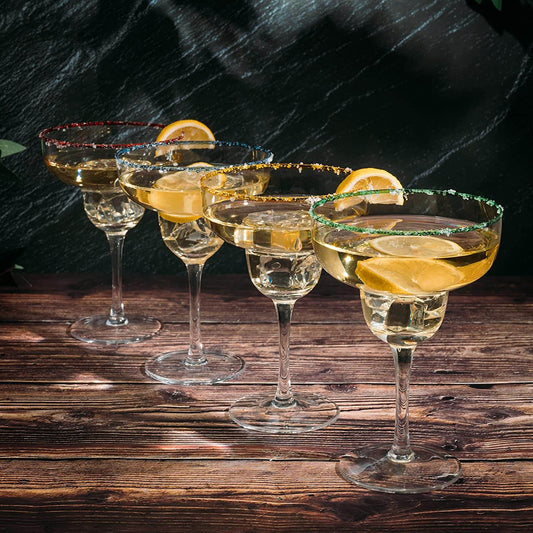 Margarita Cocktail Glasses, Party Colored Rims Cocktail Glasses 12oz Set of 4 by The Wine Savant - Fiesta Party Decoration Glasses, Mexican Glasses, Fun Box Adios Bitchachos, Thick Stem, Heavy Duty - Loft&Timber
