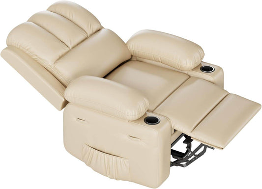 Leather Recliner Chair, Manual Recliner W/Comfortable Arms and Cup Holders for Living Room CF8011 - Beige, Medium - Loft&Timber