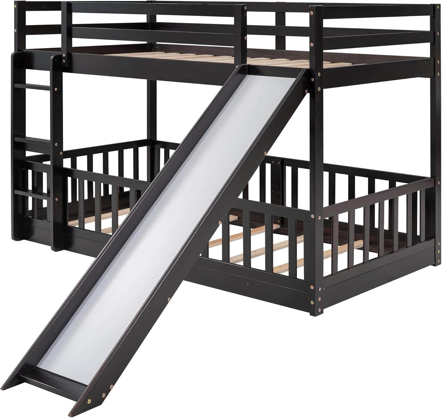 Twin over Twin Floor Bunk Bed with Slide and Ladder, Low Bunk Bed for Kids, Girls, Boys, Removable Fence, Bunk Bed with Slide, Espresso - Loft&Timber