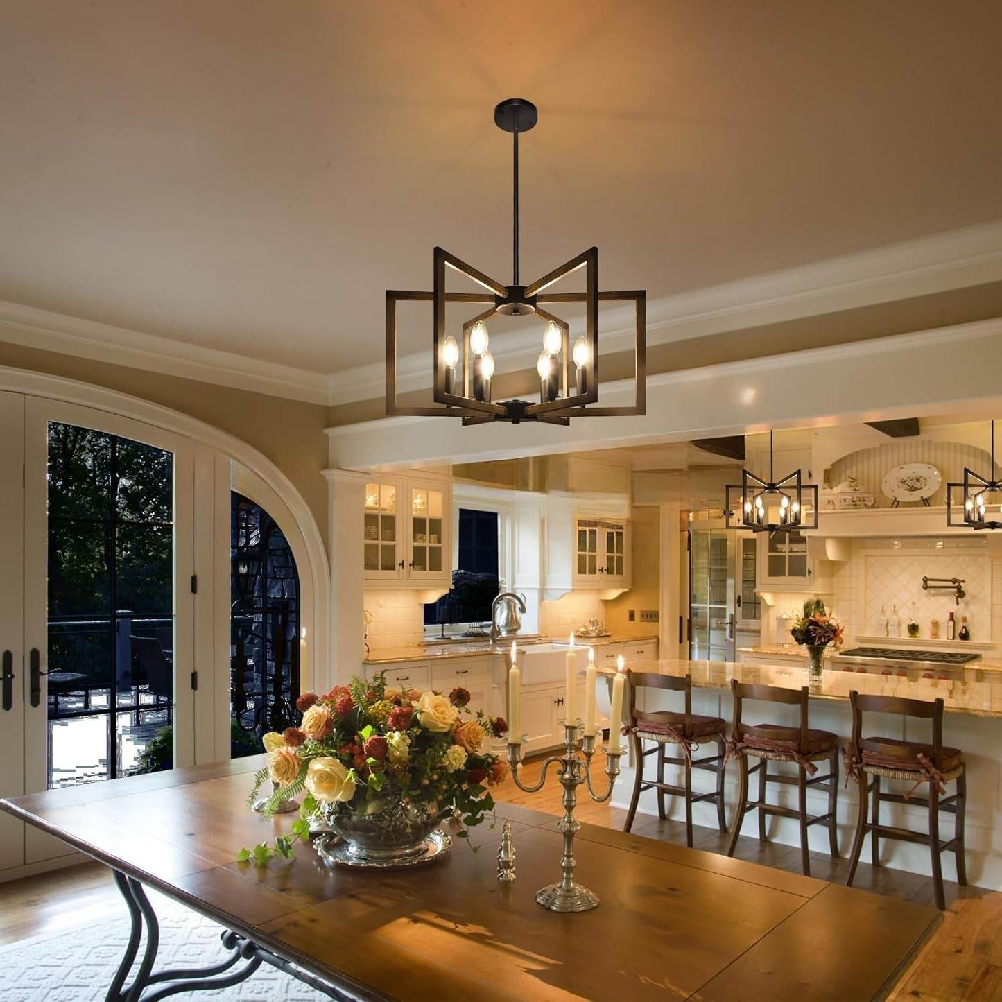 6-Light Modern Farmhouse Pendant Lights for Kitchen Island, Vintage Geometric Dining Room Lighting Hanging, Industrial Chandelier for Hallway Foyer, Retro Wood Texture and Black Finish - Loft&Timber