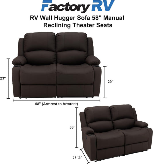 58" Wall Hugger Reclining RV Theater Seats | Double Recliner RV Sofa | RV Couch | Wall Hugger Recliner | RV Theater Seating | RV Furniture (Manual, Chocolate) - Loft&Timber
