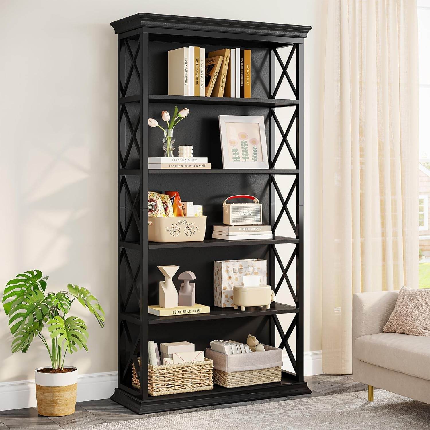 6-Tier Bookcase, 71 Inches Industrial Bookshelve, All Black - Loft&Timber