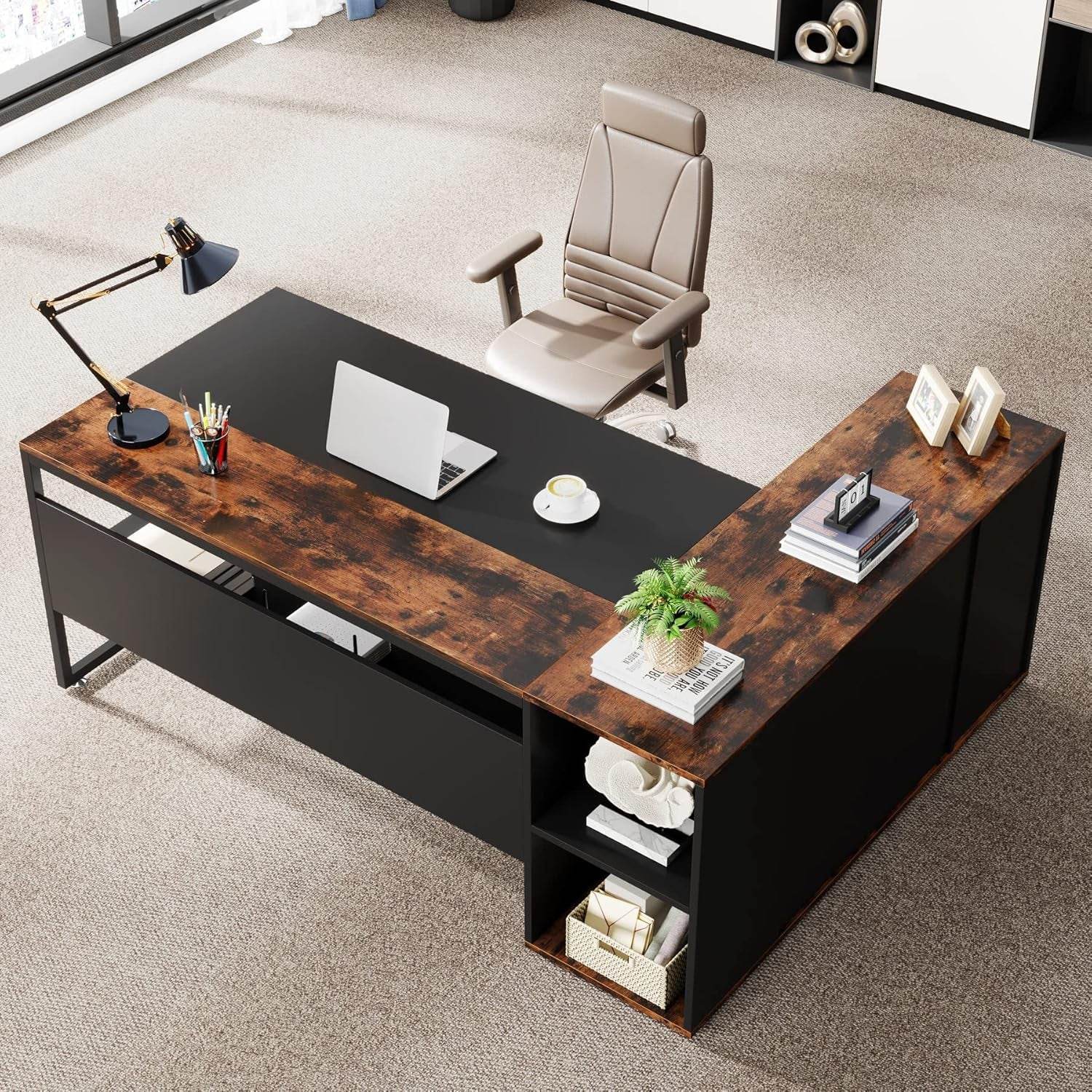 71 Inch Executive Desk, L Shaped Desk with Cabinet Storage in Brown and Black - Loft&Timber
