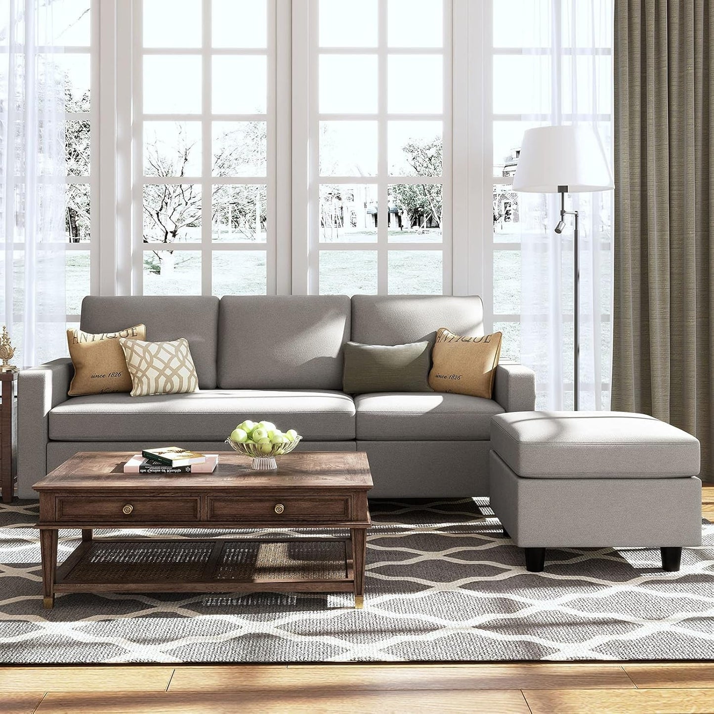Light Grey Linen Convertible L-Shaped Sectional Sofa-0