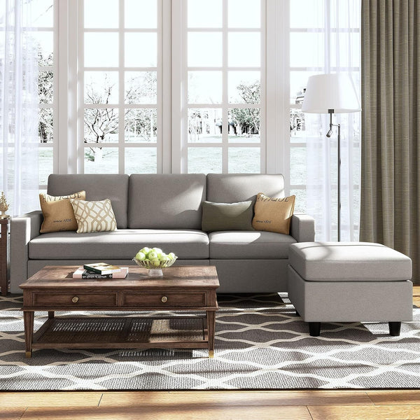 Light Grey Linen Convertible L-Shaped Sectional Sofa-0