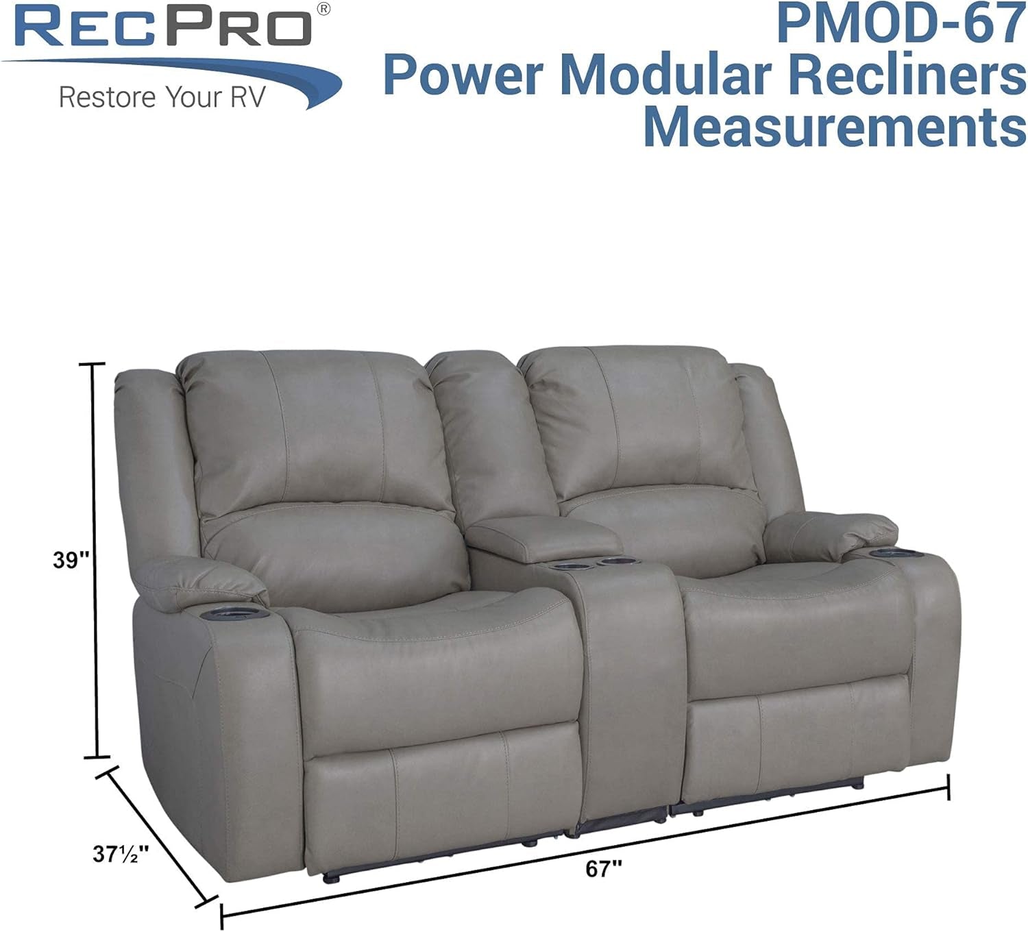 Charles Powered Double RV Wall Hugger Recliner Sofa | RV Loveseat | RV Furniture | Cloth (Oatmeal, 67")-2