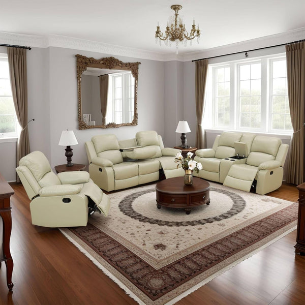 Manual Leather Sofa Recliner Set for Living Room Furniture Set,Leather Recliner Couch Set for Home/Office,Leather Reclining Sofa Set for 3-Pieces(Sofa+Loveseat+Chair) Beige-0