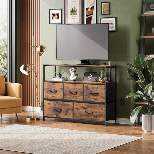 Dresser TV Stand for Bedroom, Entertainment Center with Open Shelf and Power Outlet, Fabric Dressers with 5 Drawers, TV Stands for Closet, Rustic Brown-1